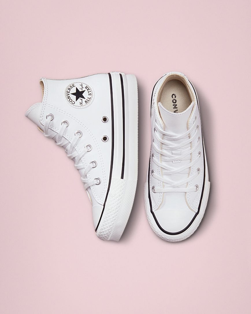 Chlapecké Boty Na Platformy Converse Chuck Taylor All Star Lift Læder Vysoké Bílé Béžový Bílé Černé | CZ PO31U49